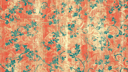 Wall Mural - A vintage floral pattern with teal and peach colors with a grunge effect.