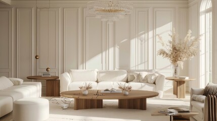 Wall Mural - minimalist living room with white walls and a wooden floor.