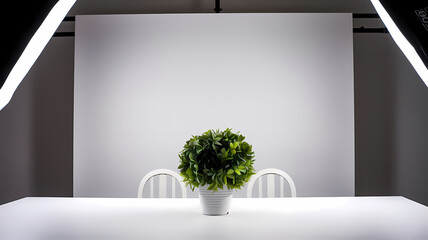 Minimalist setup featuring a green potted plant on a white table with two white chairs against a plain white background, ideal for interior design or home decor themes.