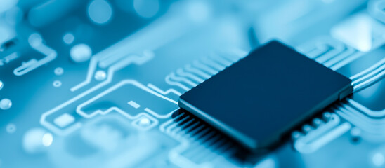 black microchip rests on a blue circuit board