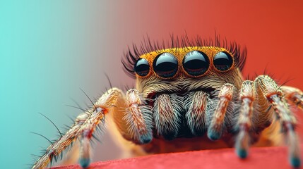 jumping spider closeup on solid color background, copyspace. ai generative