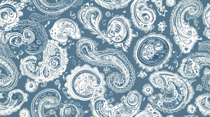 Wall Mural - Seamless pattern of paisley designs in blue and white.