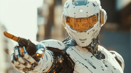 An android robot pointing to the screen with a finger gesture. Computer coding AI chatbot in a futuristic technology stock image. Computer programming knowledge concept.