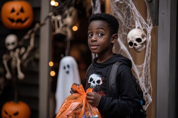 A young teenager black boy,he attends a Halloween party filled with surprises and spooky Halloween elements. clutching a bag of freshly won candy and looking forward  funny game or prank. 