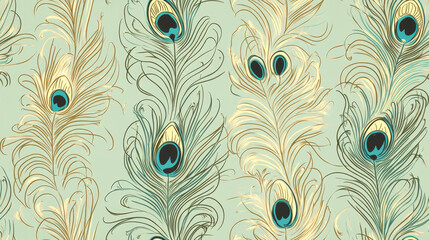 Wall Mural - Seamless pattern with peacock feathers in blue, beige, and gold colors on a light blue background.