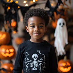 A young teenager black boy,he attends a Halloween party filled with surprises and spooky Halloween elements. clutching a bag of freshly won candy and looking forward  funny game or prank. 