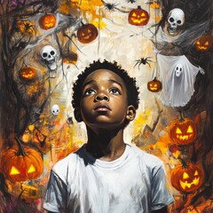 A young teenager black boy,he attends a Halloween party filled with surprises and spooky Halloween elements. clutching a bag of freshly won candy and looking forward  funny game or prank. 