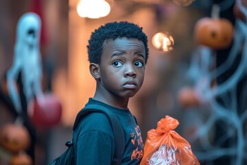 A young teenager black boy,he attends a Halloween party filled with surprises and spooky Halloween elements. clutching a bag of freshly won candy and looking forward  funny game or prank. 