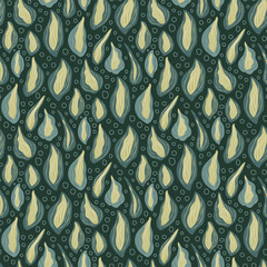 Hosta foliage floating endless background. Stylized leaves with dark green background seamless pattern. Surface pattern design secret garden motif. Vector hand drawn flat illustration.