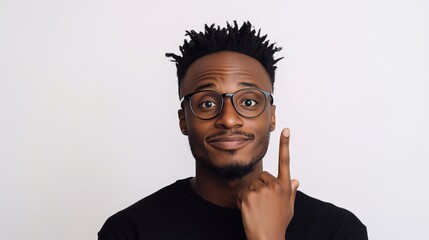 Wall Mural - A happy african american young man wearing a glasses, with his index finger gently placed against his cheek, appearing to be in a thoughtful or curious pose isolated on white background.