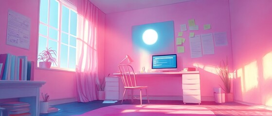 A serene workspace bathed in soft pink light the perfect setting for creativity and focus