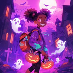 A young teenager black girl,she attends a Halloween party filled with surprises and spooky Halloween elements. clutching a bag of freshly won candy and looking forward  funny game or prank. 