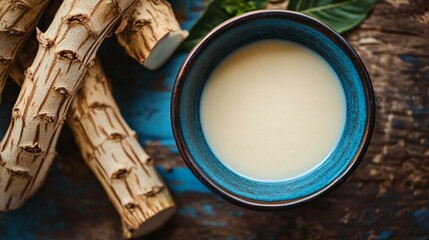 Rustic blue ceramic mug filled with creamy milk nestled among natural wood textures and green leaves, creating a soothing and organic composition.