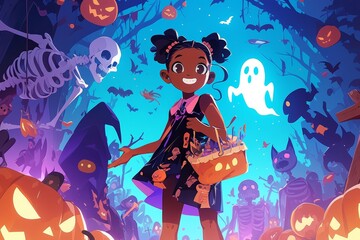 A young teenager black girl,she attends a Halloween party filled with surprises and spooky Halloween elements. clutching a bag of freshly won candy and looking forward  funny game or prank. 