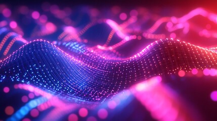 Wall Mural - abstract digital waves of glowing particles in vibrant blue and pink hues, creating a futuristic and