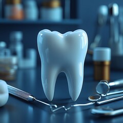 Wall Mural - dramatic 3d depiction of a smiling tooth with a glossy finish set against a dark background surround