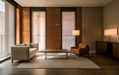 Modern living room with large windows, natural light, and cozy furniture in urban apartment