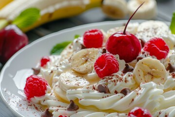 Delicious dessert with whipped cream, chocolate chips, banana slices and berries on white plate