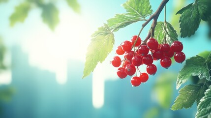 Red berries on branch with blurred city background and soft sunlight.