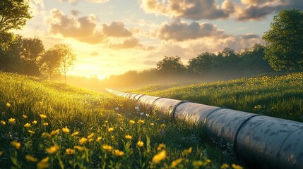 hydrogen pipeline in grass field highlighting eco-friendly, carbon-neutral energy alternatives replacing residential natural gas made with Generative AI