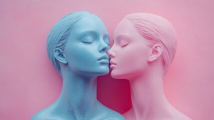 Wall Mural - A minimal blue pink portrait of a couple of shop window dolls. Abstract fashion surreal creative artistic two color concept.