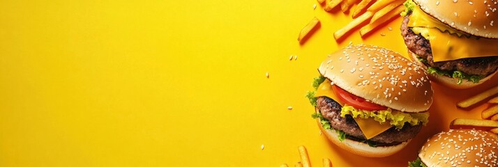 Poster - Brightly illustrated burgers and fries set against a cheerful background create a tempting invitation for a tasty meal. Generative AI