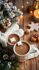 two mugs hot chocolate with marshmallows on a festive table