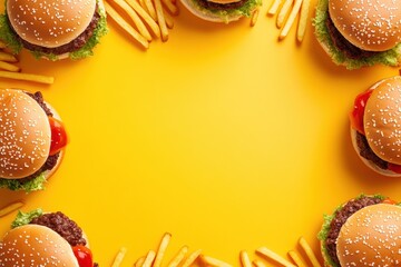 Poster - Colorful burgers and golden fries are artistically placed at the edges, creating space in the center for engaging text or announcements. Generative AI