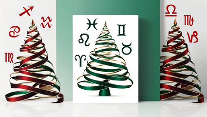 Wall Mural - graphic green and red christmas tree background with  zodiac symbols, astrology and xmas concept