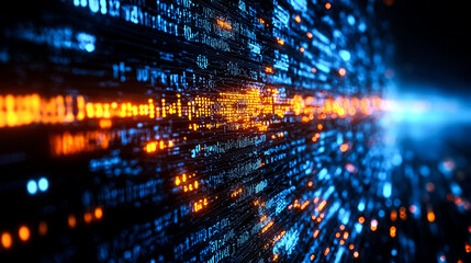 Abstract digital background with glowing lines of code in blue and orange.