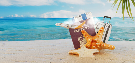 A beach vacation concept with a passport, plane ticket, starfish, and a suitcase, set against a tropical seaside backdrop.