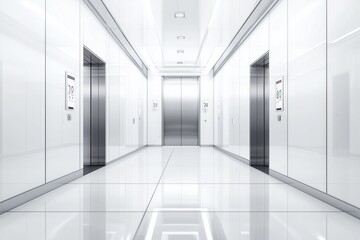 white Modern passenger or cargo elevators, lifts with closed, opened and half closed, metallic cabins doors, floor indicators digits and glossy flooring in empty corridor 3d realistic vector illustrat