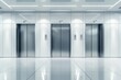 © Kristina - white Modern passenger or cargo elevators, lifts with closed, opened and half closed, metallic cabins doors, floor indicators digits and glossy flooring in empty corridor 3d realistic vector illustrat