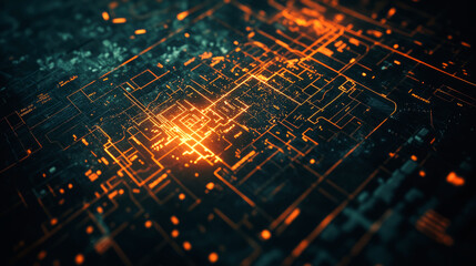 Abstract glowing circuit board with orange and blue lights.