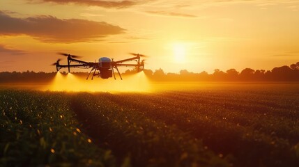 Drone spraying fertilizers over a cultivated field at sunrise