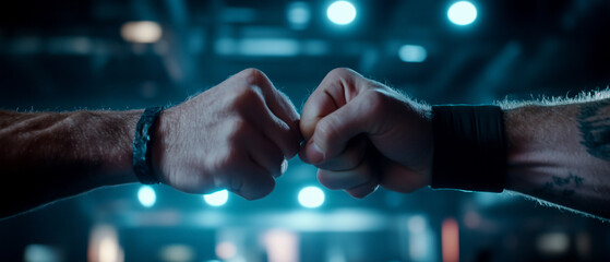 Close-up of two fists bumping in a vibrant atmosphere