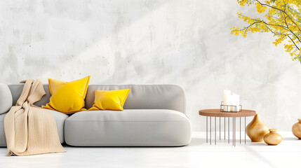 Wall Mural - Couch in modern living room with home decor and yellow pillows creating a cozy atmosphere