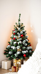 Poster - small christmas tree decorated with red ornaments gold snowflakes