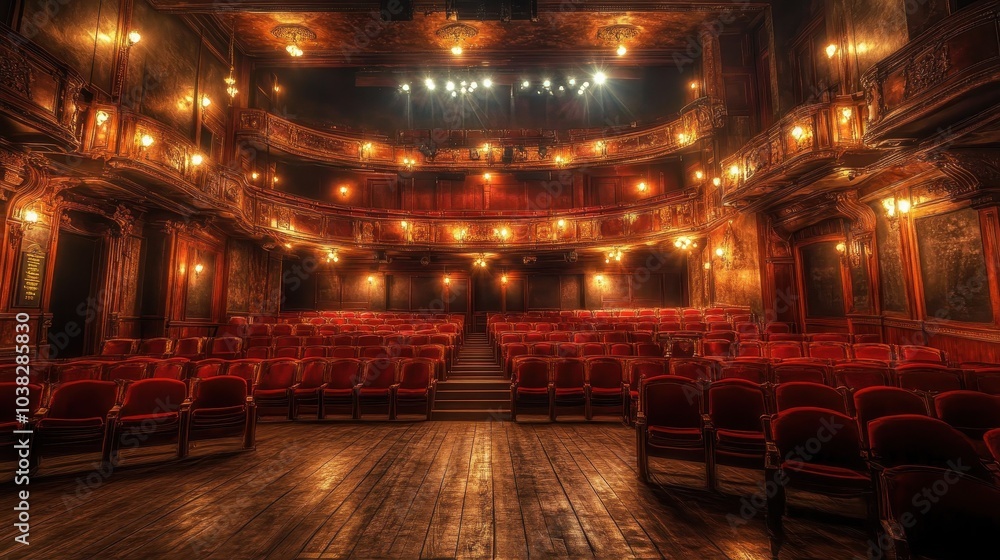 Empty theater with rows of seats, dramatic lighting, and a central ...