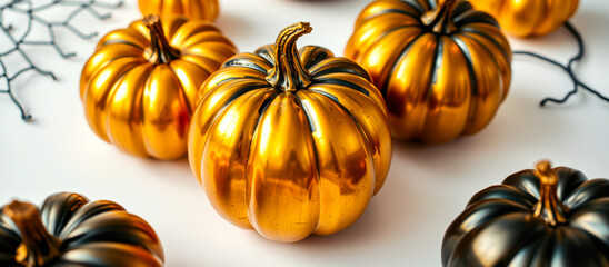 Canvas Print - shiny gold pumpkins with black wire accents