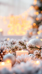 Poster - lit candle with white pine branches pine cones silver ornaments