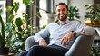 © Mitchell - Confident Smiling Businessman Relaxing in Modern Armchair, Professional Setting, Generative AI Technology