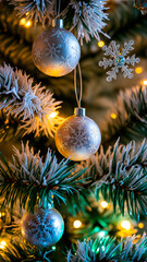 Sticker - silver christmas ornament with snowflake design decorates a pine branch