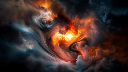 abstract swirling clouds of orange, red, and blue with a bright yellow center.