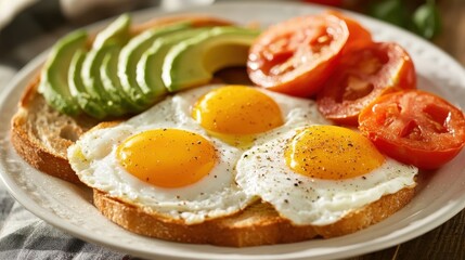 Fresh Breakfast with Eggs, Avocado, and Tomato Slices