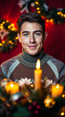 Poster - young man smiles by candlelight a festive setting