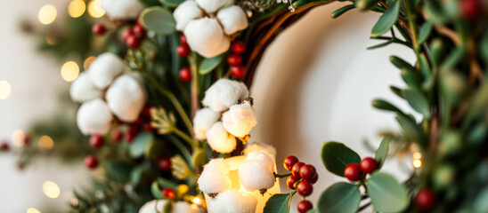 Canvas Print - white cotton red berry wreath decorated with warm lights