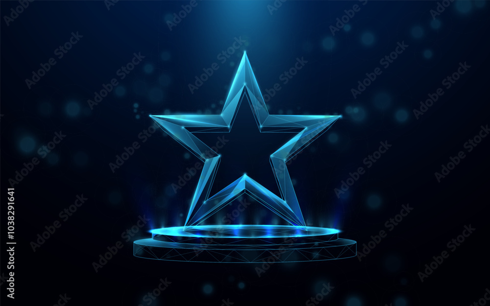 Futuristic glowing 3D star on a digital platform with blue light ...