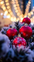 Poster - shiny red ornaments adorned with snowflakes rest on evergreen branches