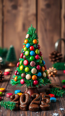 Canvas Print - festive christmas tree adorned with colorful ornaments chocolate numbers the year 2023